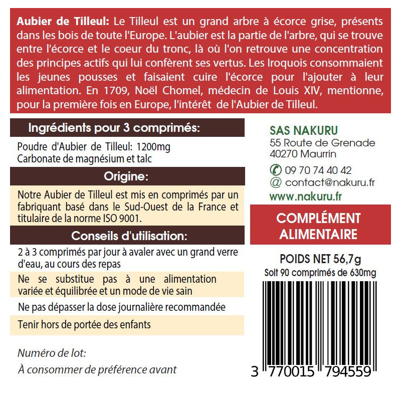 NAKURU Aubier de Tilleul — 90 comprimés — Étiquette dos