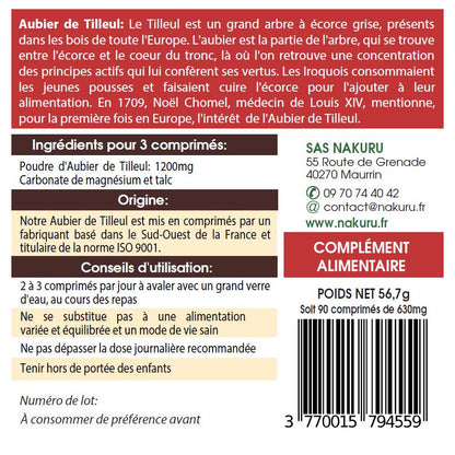 NAKURU Aubier de Tilleul — 90 comprimés — Étiquette dos