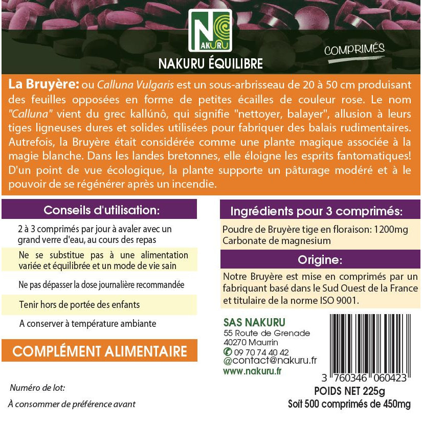NAKURU Bruyère — 500 comprimés — Étiquette dos