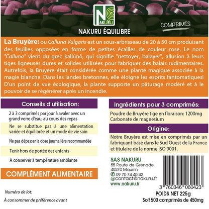 NAKURU Bruyère — 500 comprimés — Étiquette dos