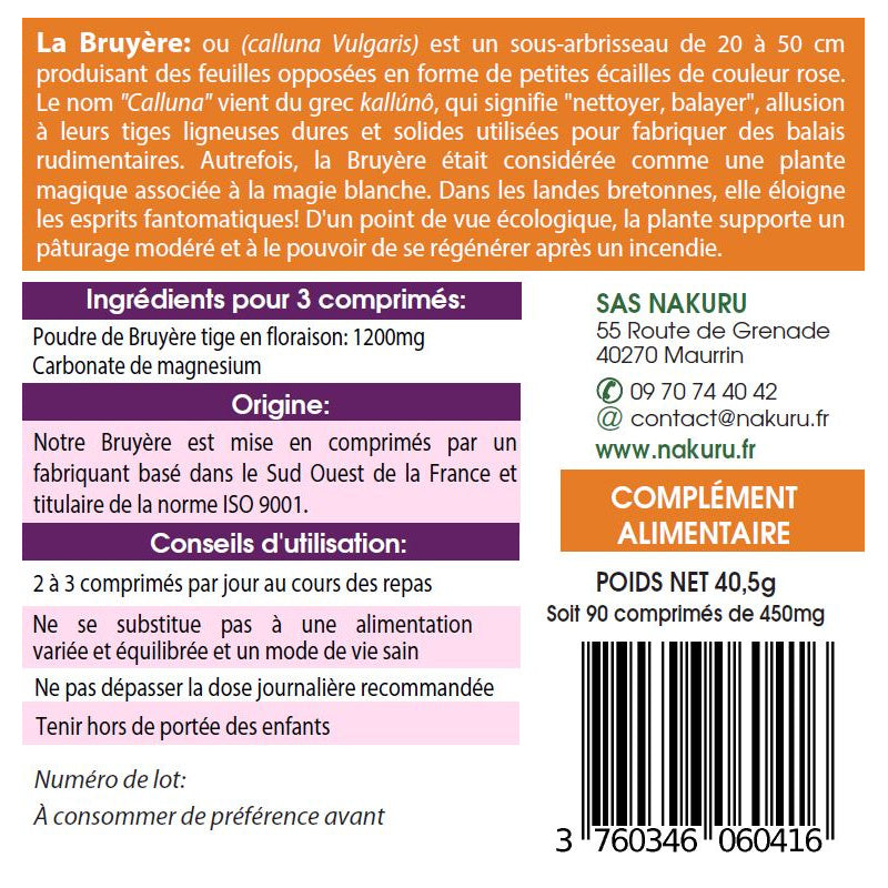 NAKURU Bruyère — 90 comprimés — Étiquette dos