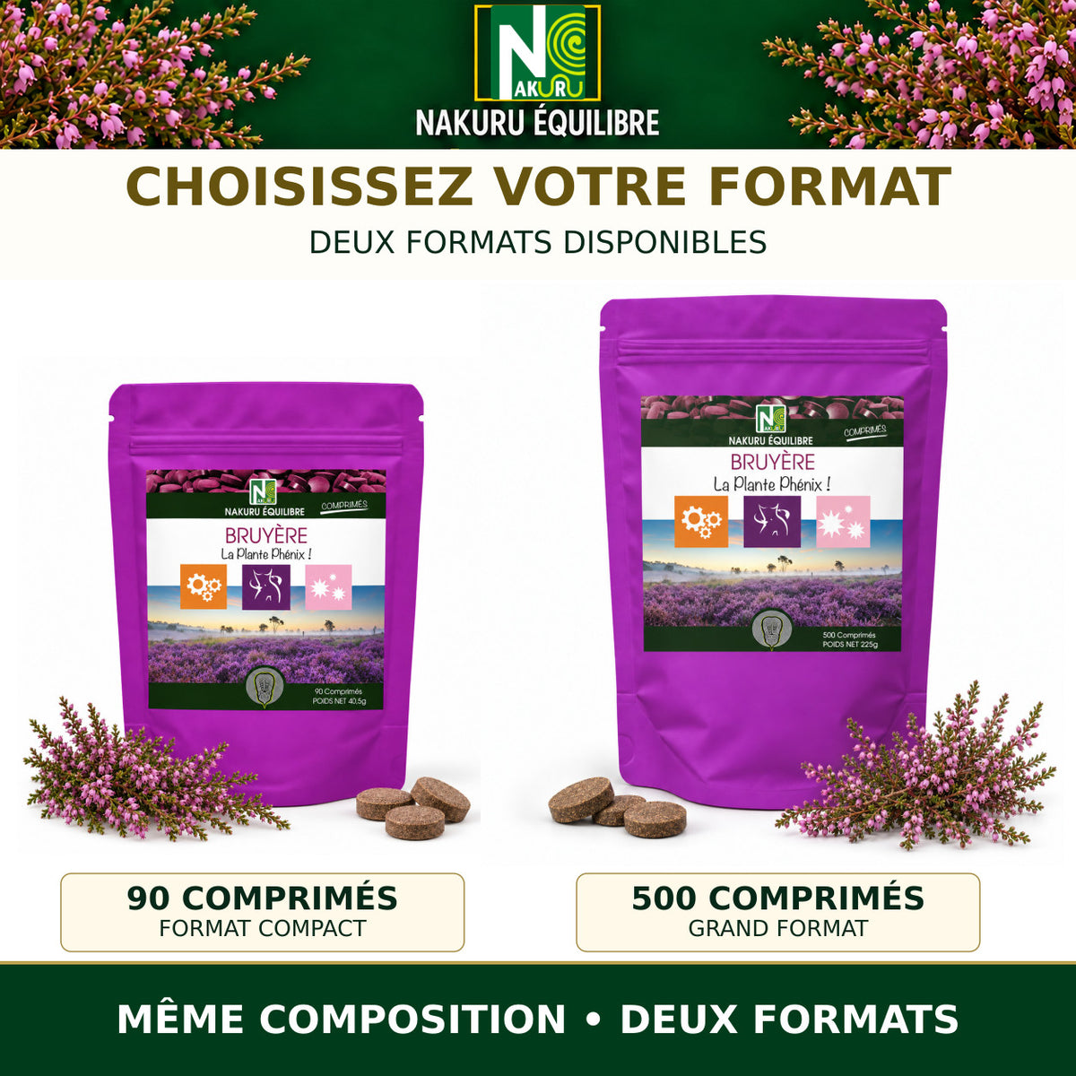 NAKURU Bruyère — 500 comprimés — Comparatif des formats