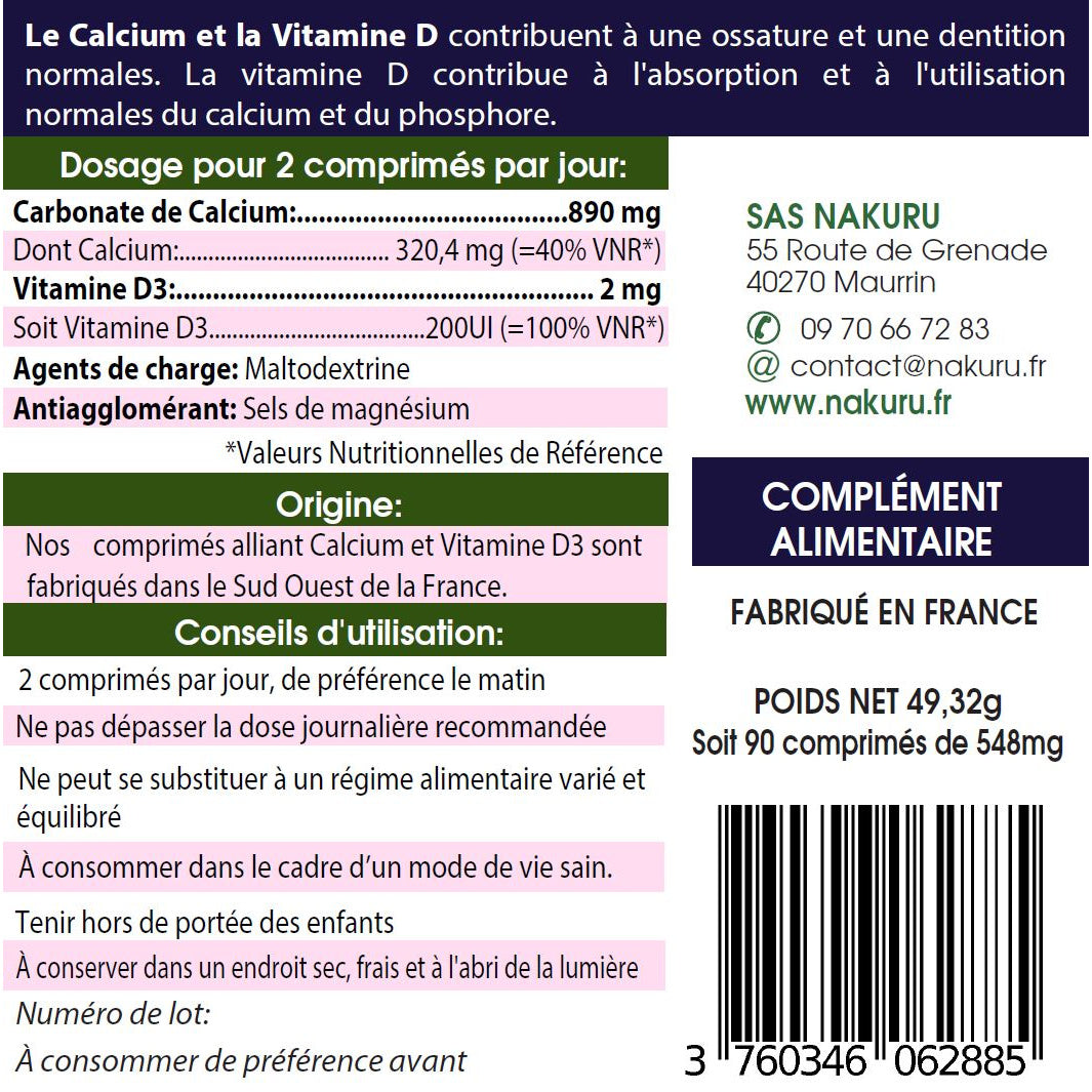 NAKURU Calcium + Vitamine D3 — 90 comprimés — Étiquette dos