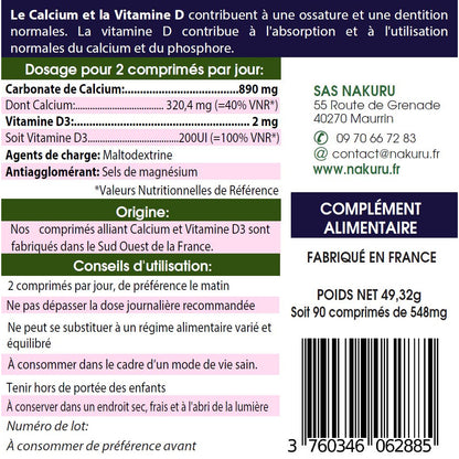 NAKURU Calcium + Vitamine D3 — 90 comprimés — Étiquette dos