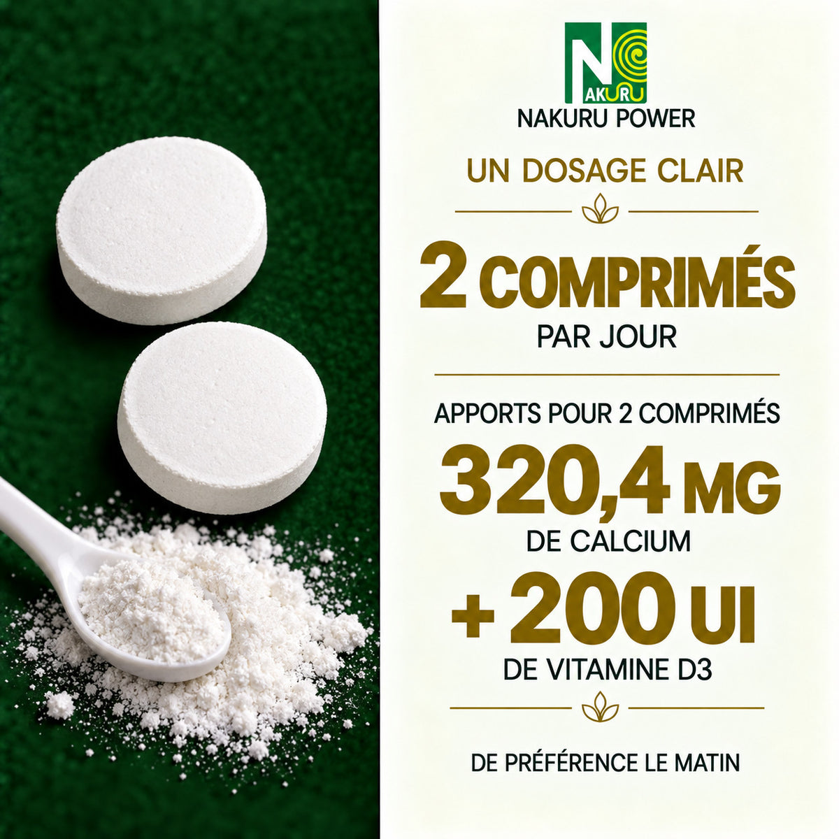 NAKURU Calcium + Vitamine D3 — 90 comprimés — Dosage
