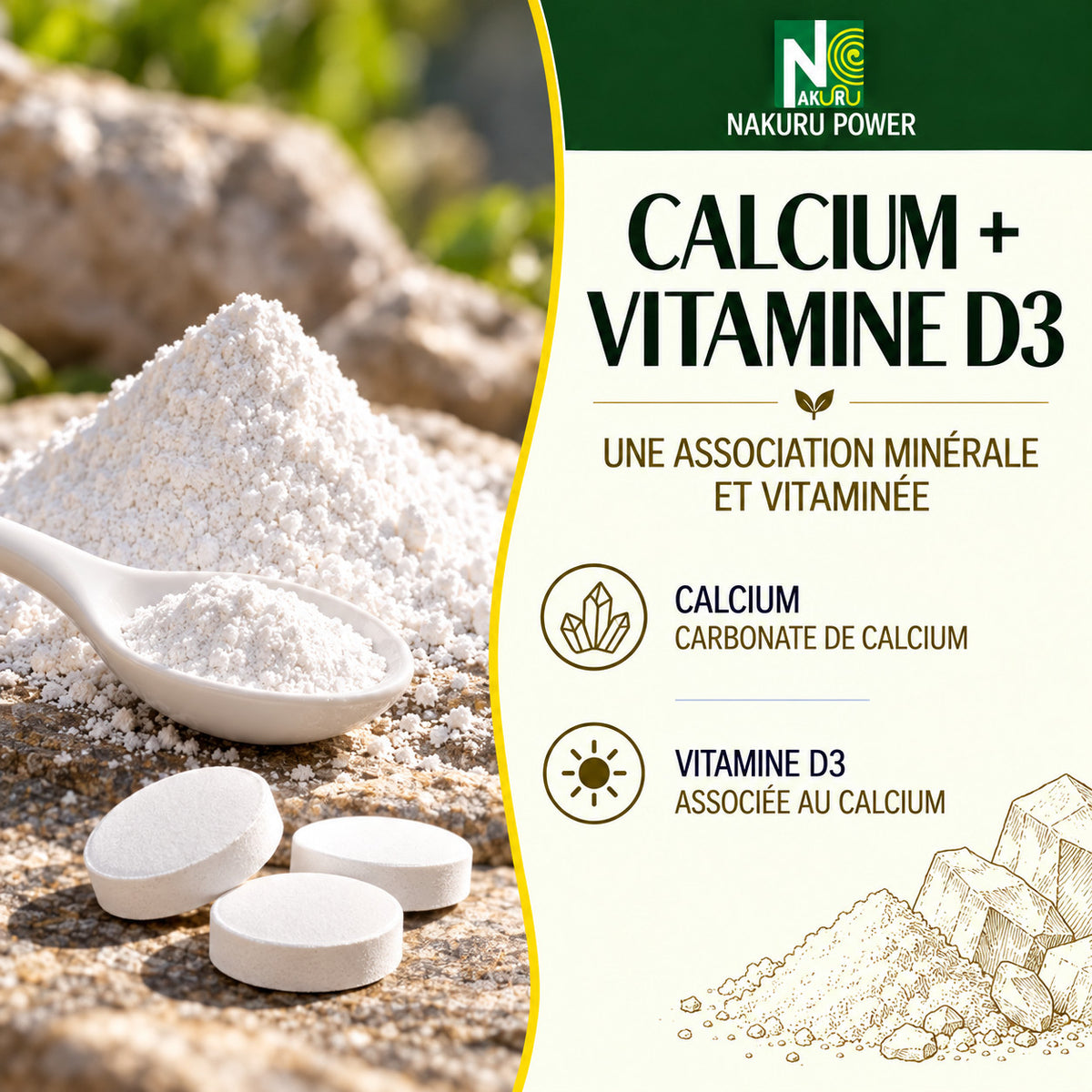 NAKURU Calcium + Vitamine D3 — 90 comprimés — Présentation