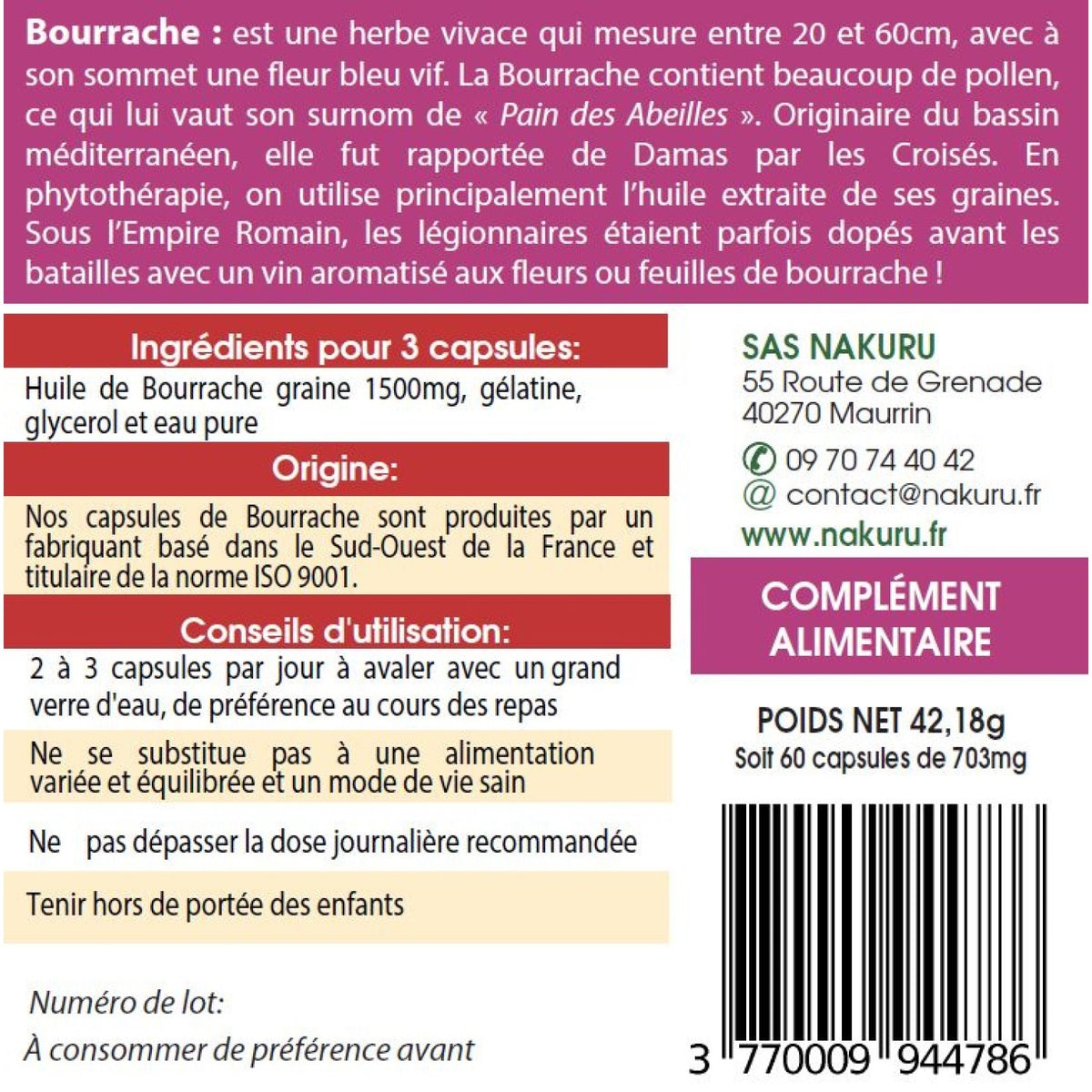 NAKURU Bourrache — 60 capsules — Étiquette dos