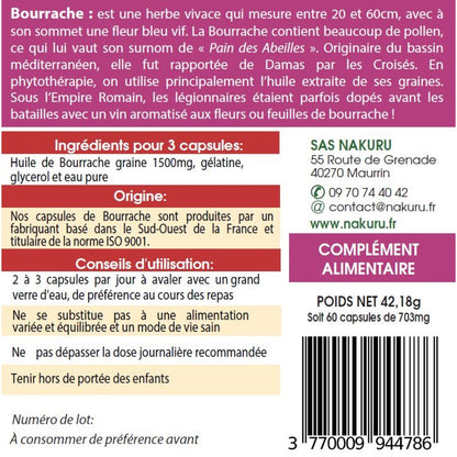 NAKURU Bourrache — 60 capsules — Étiquette dos