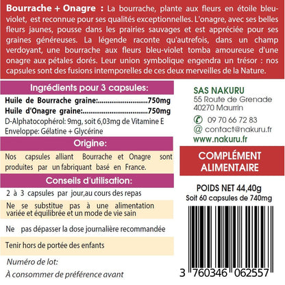 NAKURU Bourrache + Onagre — 60 capsules — Étiquette dos