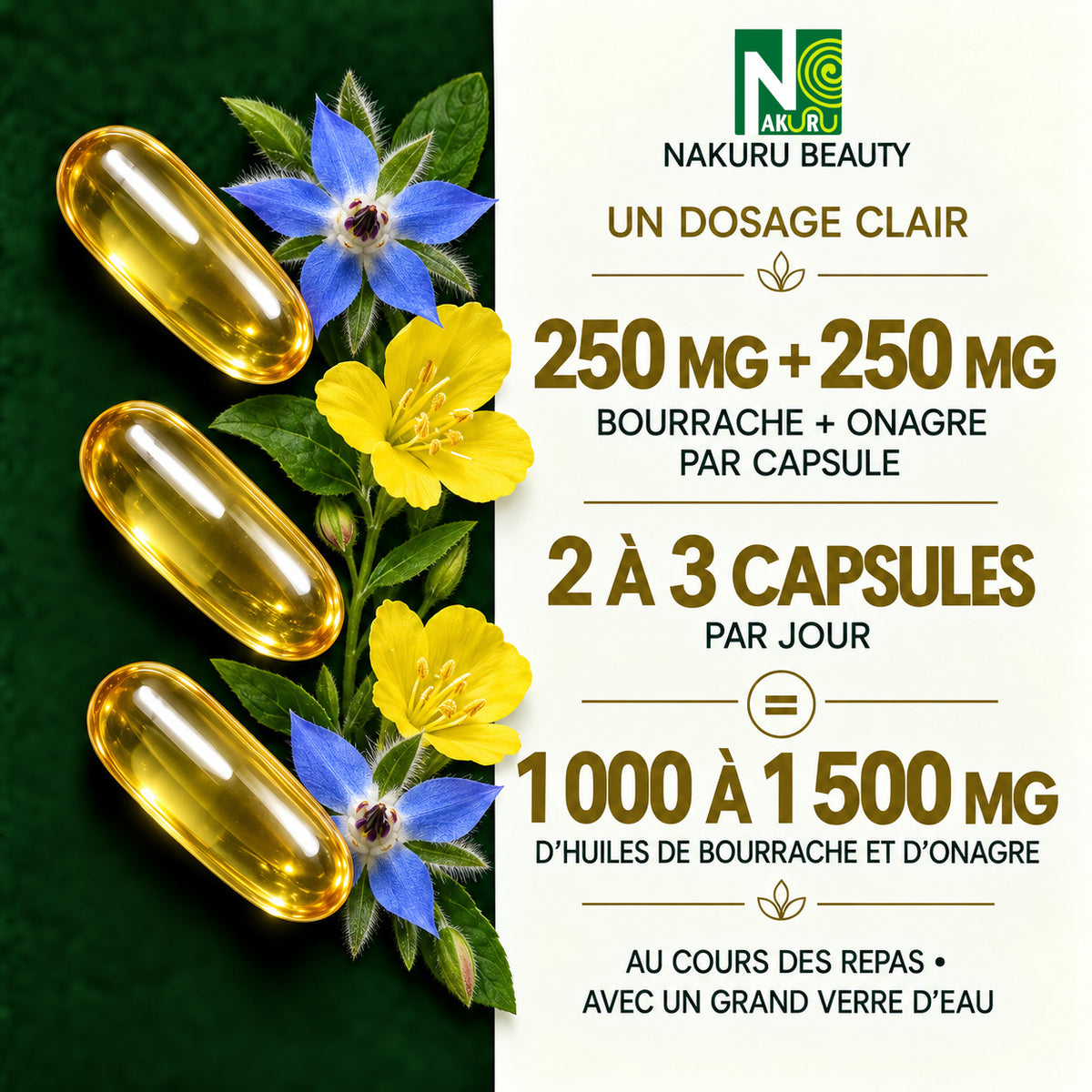 NAKURU Bourrache + Onagre — 60 capsules — Dosage