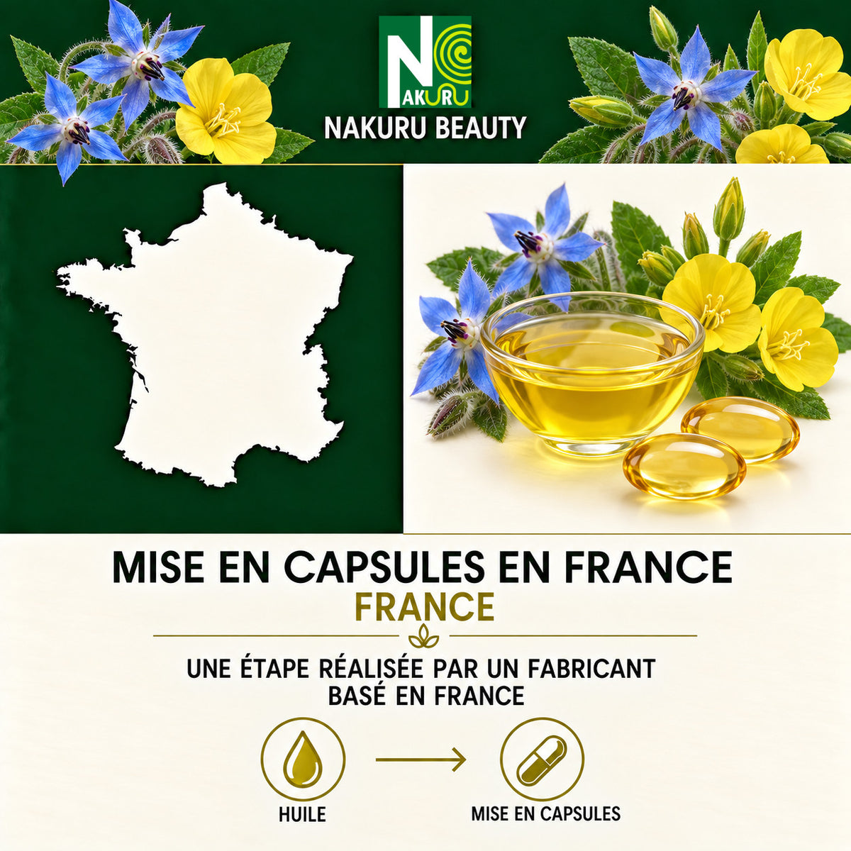 NAKURU Bourrache + Onagre — 60 capsules — Fabrication