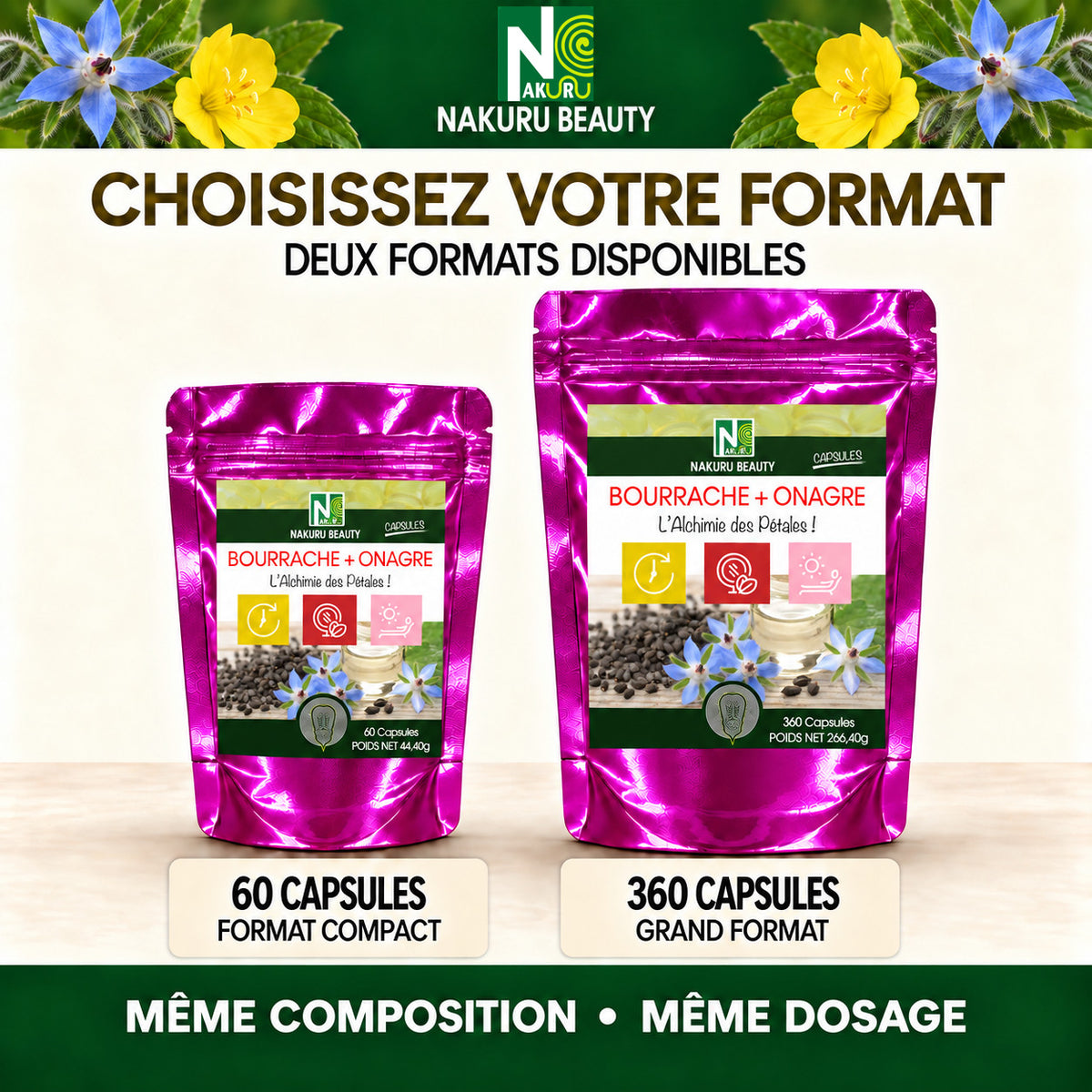 NAKURU Bourrache + Onagre — 60 capsules — Formats
