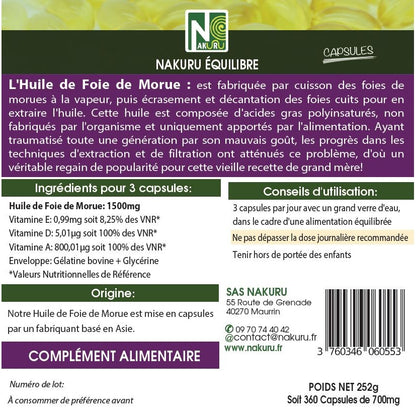 NAKURU Foie de Morue — 360 capsules — Étiquette dos