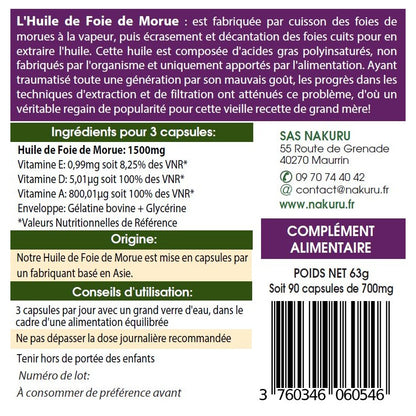 NAKURU Foie de Morue — 90 capsules — Étiquette dos