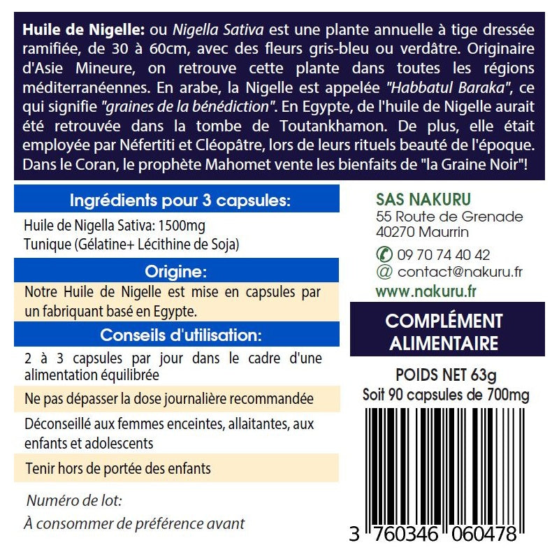 NAKURU Nigelle — 90 capsules — Étiquette dos