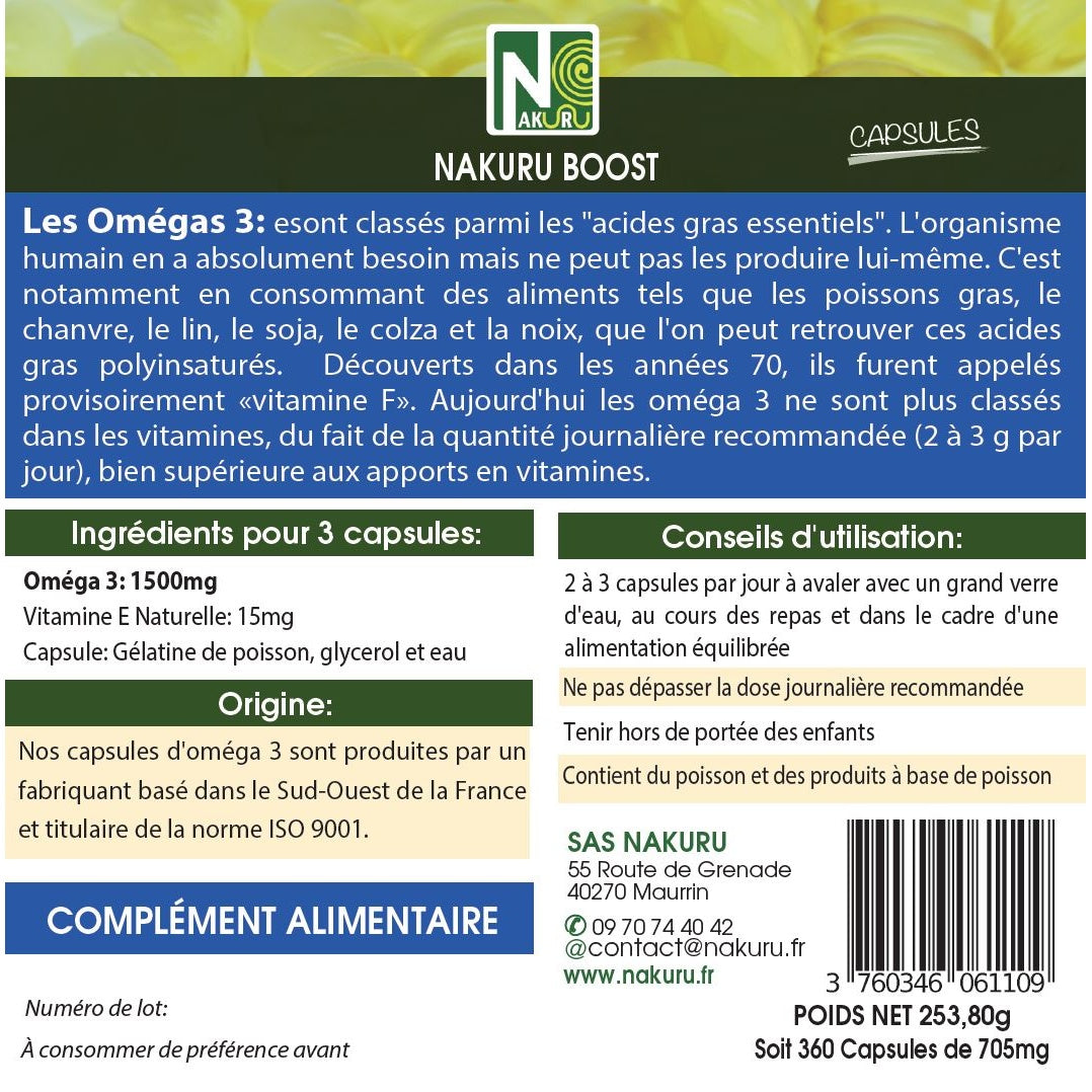 NAKURU Oméga 3 — 360 capsules — Étiquette dos