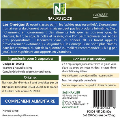 NAKURU Oméga 3 — 360 capsules — Étiquette dos