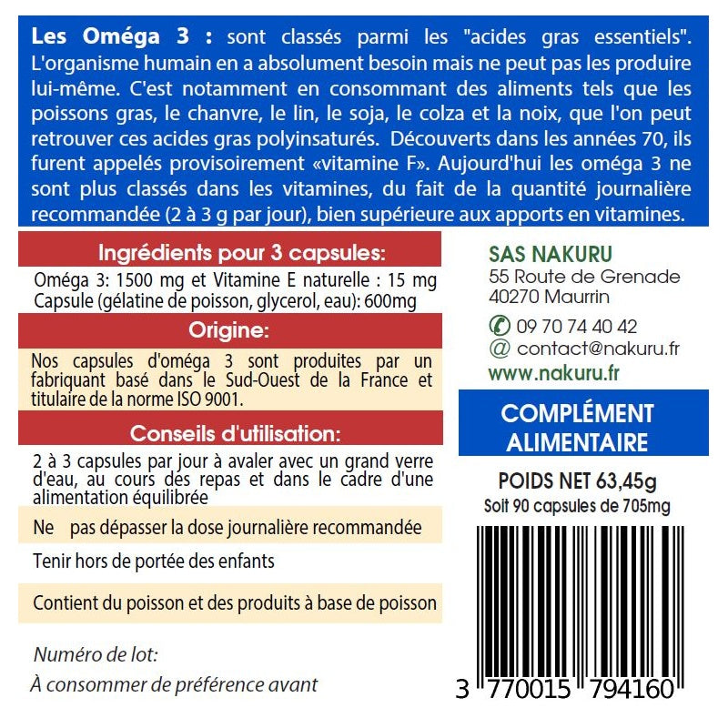 NAKURU Oméga 3 — 90 capsules — Étiquette dos