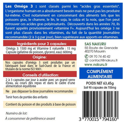 NAKURU Oméga 3 — 90 capsules — Étiquette dos