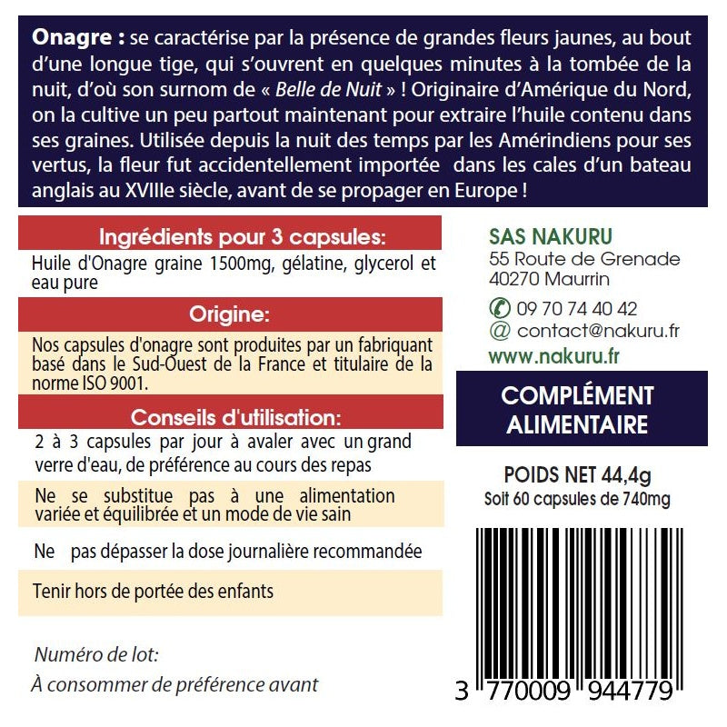 NAKURU Onagre — 60 capsules — Étiquette dos