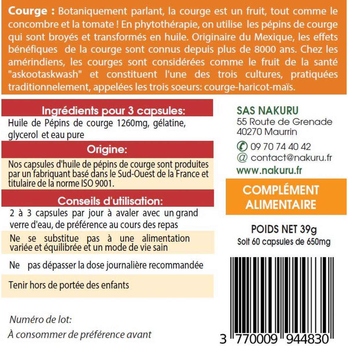 NAKURU Pépins de Courge — 60 capsules — Étiquette dos