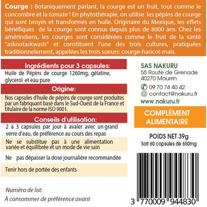NAKURU Pépins de Courge — 60 capsules — Étiquette dos