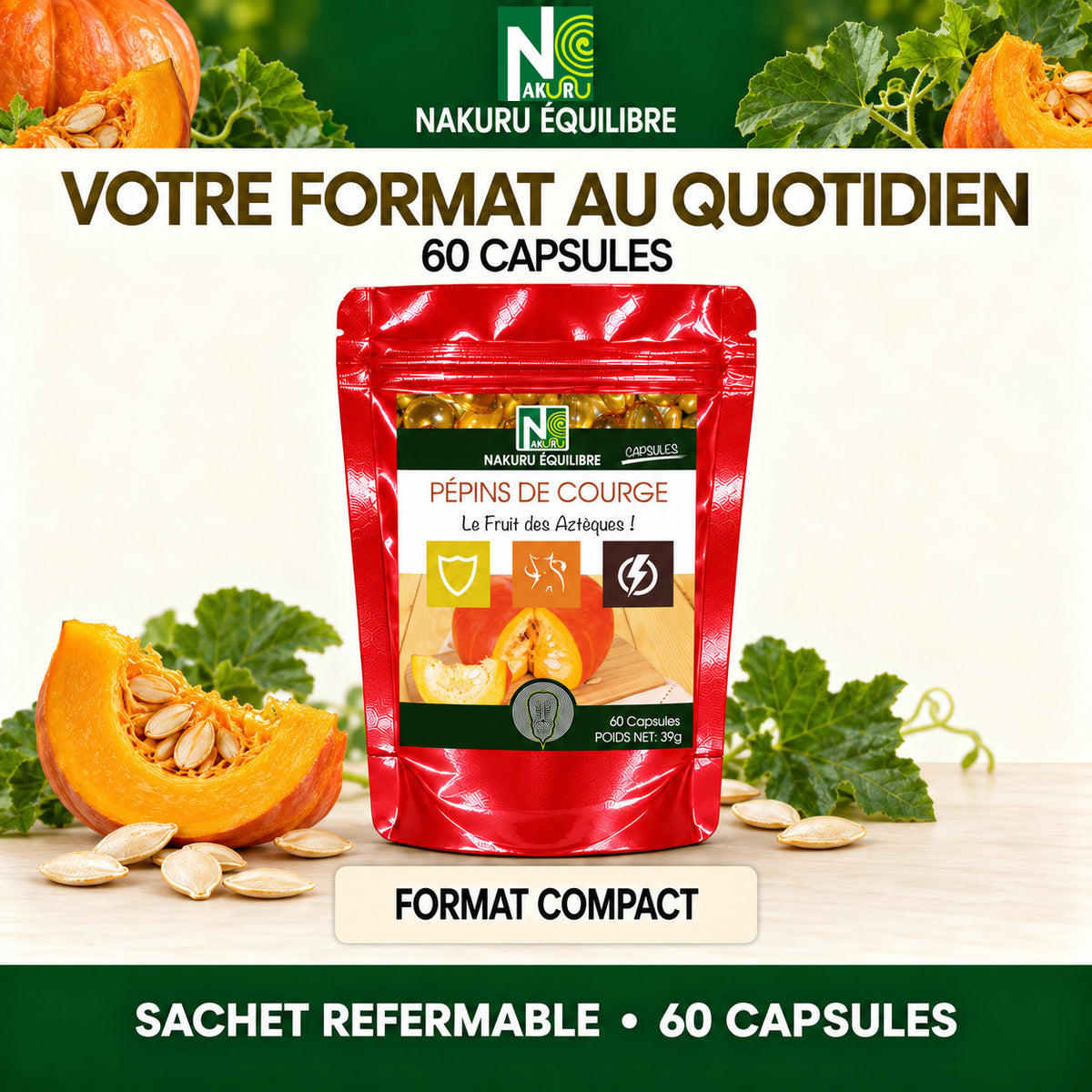 NAKURU Pépins de Courge — 60 capsules — Formats
