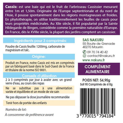 NAKURU Cassis — 90 comprimés — Étiquette dos