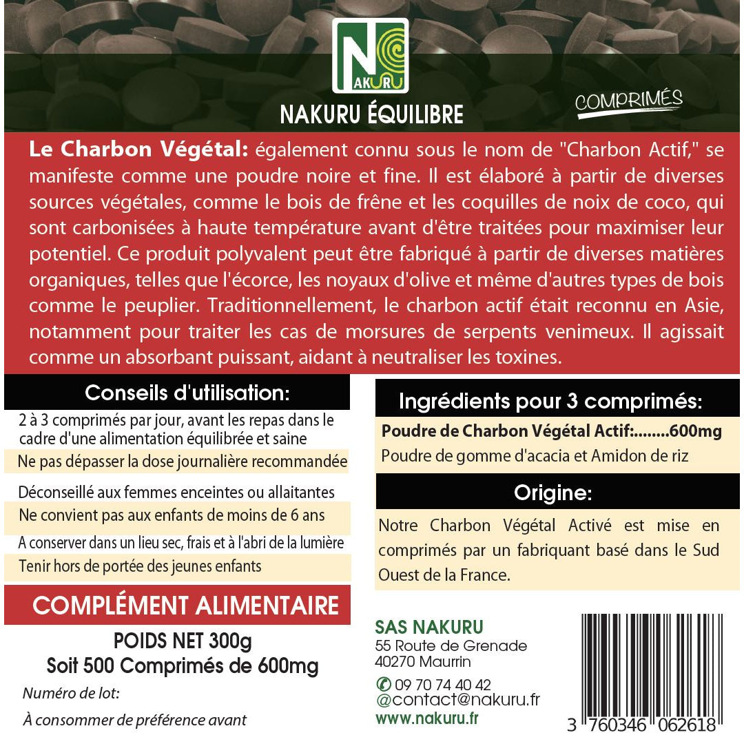 NAKURU Charbon Végétal — 500 comprimés — Étiquette dos