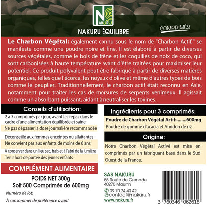 NAKURU Charbon Végétal — 500 comprimés — Étiquette dos