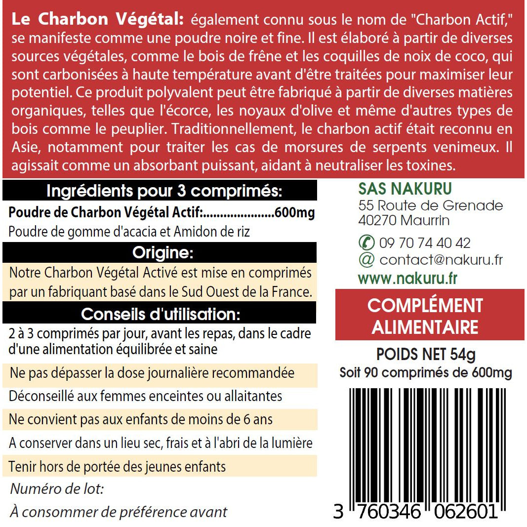 NAKURU Charbon Végétal — 90 comprimés — Étiquette dos