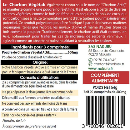 NAKURU Charbon Végétal — 90 comprimés — Étiquette dos