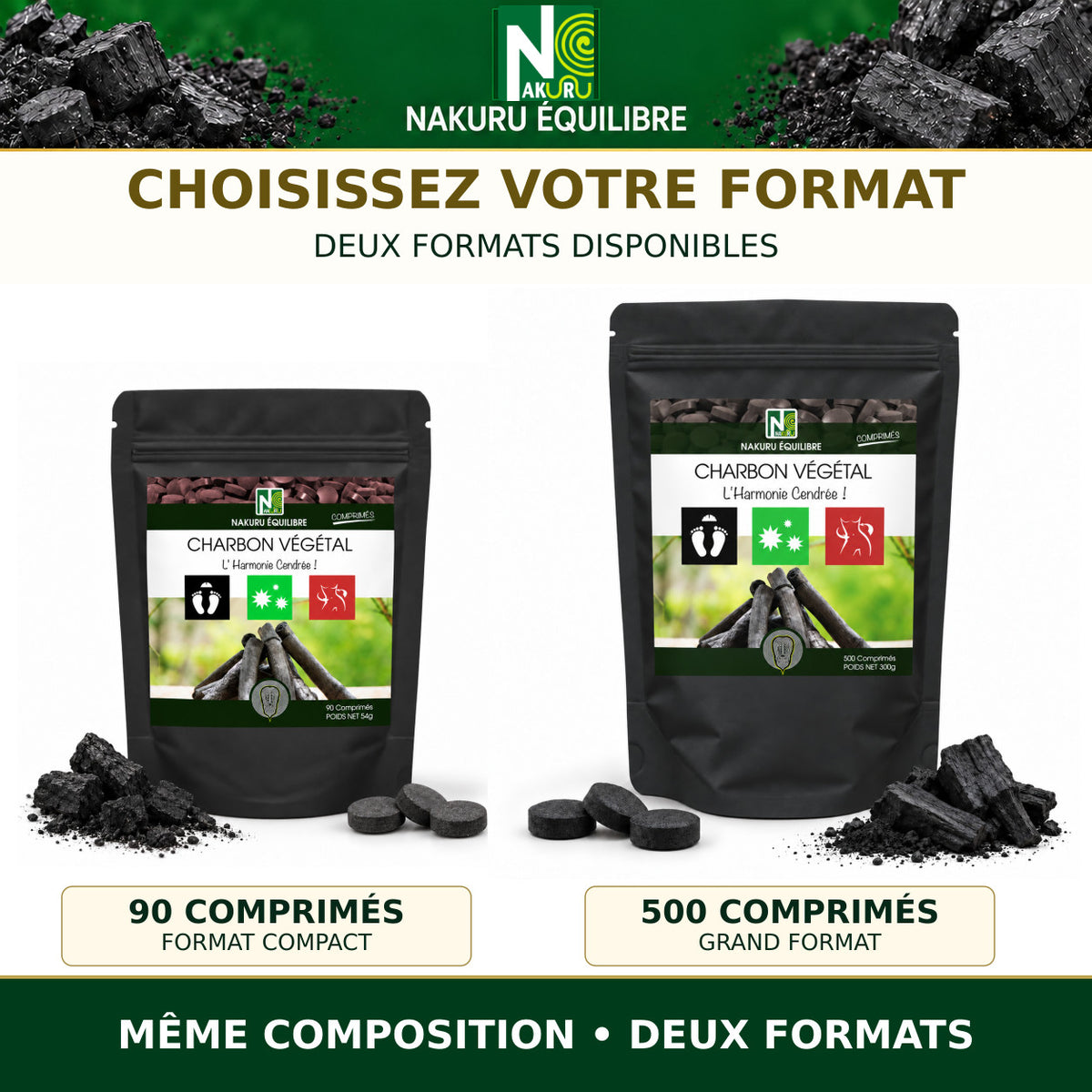 NAKURU Charbon Végétal — 500 comprimés — Comparatif des formats