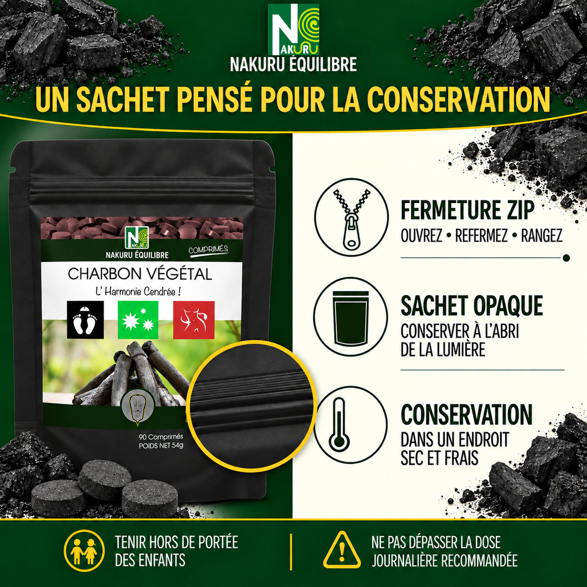NAKURU Charbon Végétal — 500 comprimés — Conservation