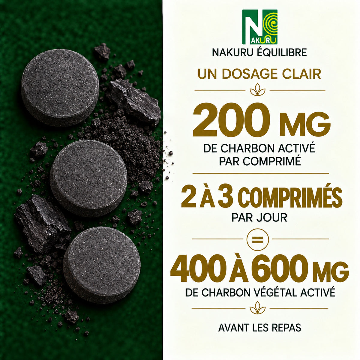 NAKURU Charbon Végétal — 500 comprimés — Dosage