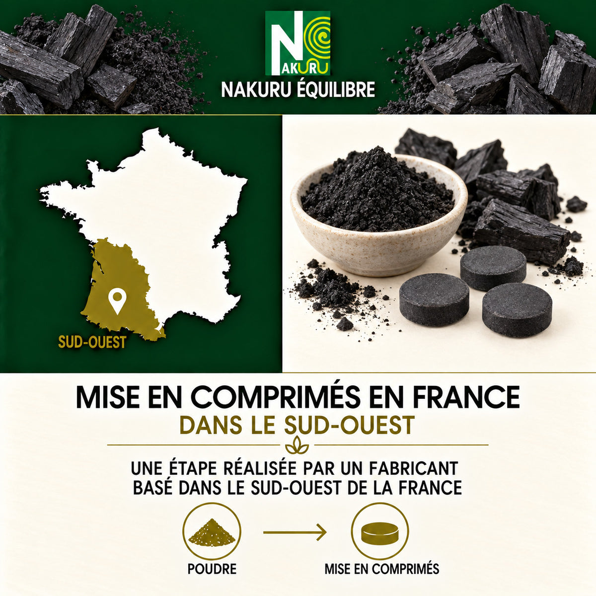 NAKURU Charbon Végétal — 500 comprimés — Fabrication