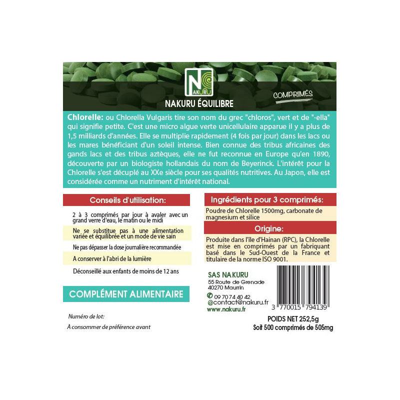 NAKURU Chlorelle — 500 comprimés — Étiquette dos