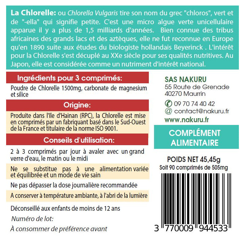 NAKURU Chlorelle — 90 comprimés — Étiquette dos