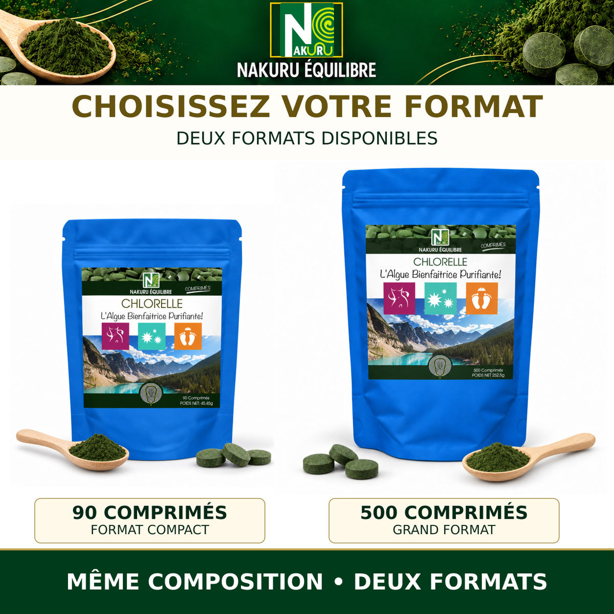 NAKURU Chlorelle — 500 comprimés — Comparatif des formats