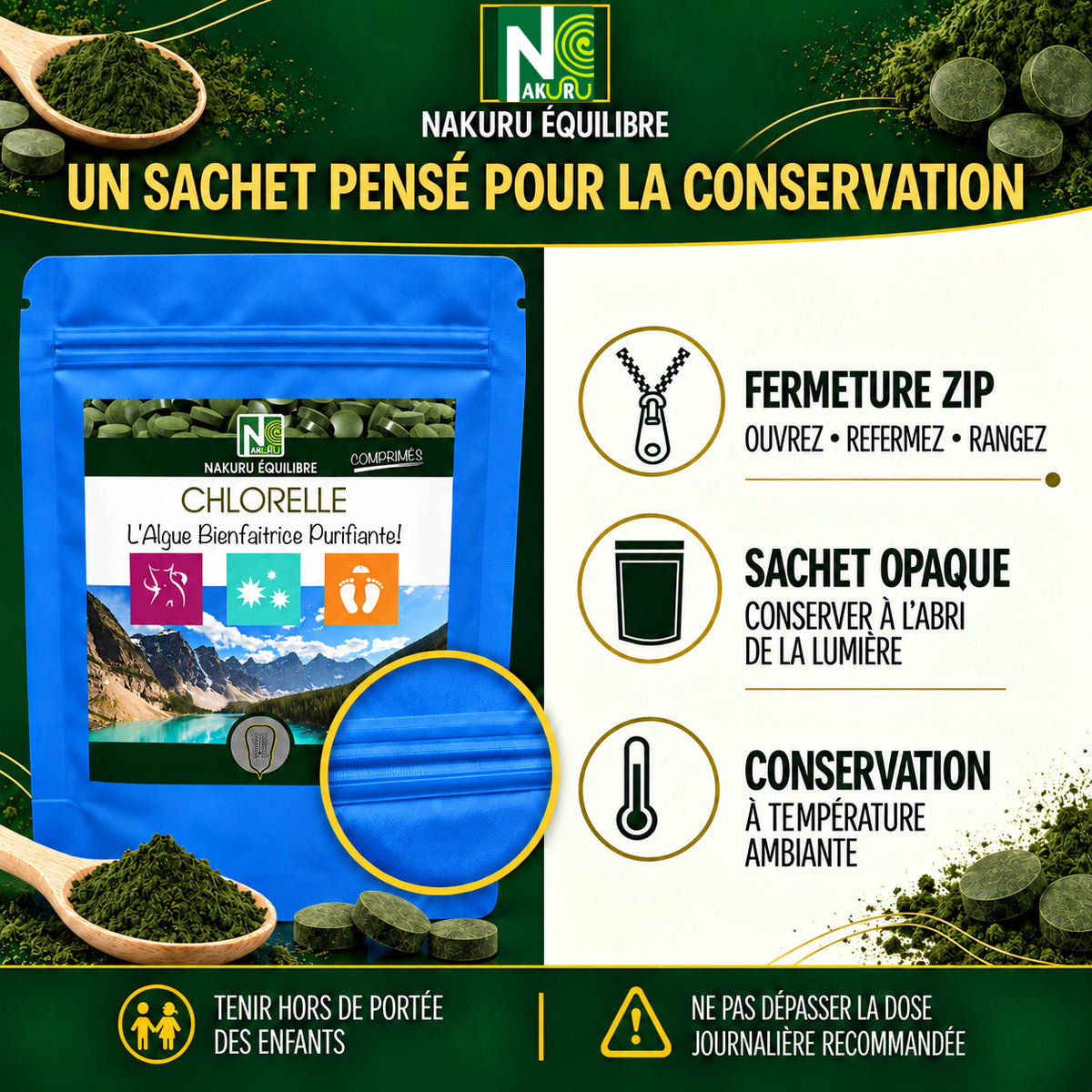 NAKURU Chlorelle — 500 comprimés — Conservation