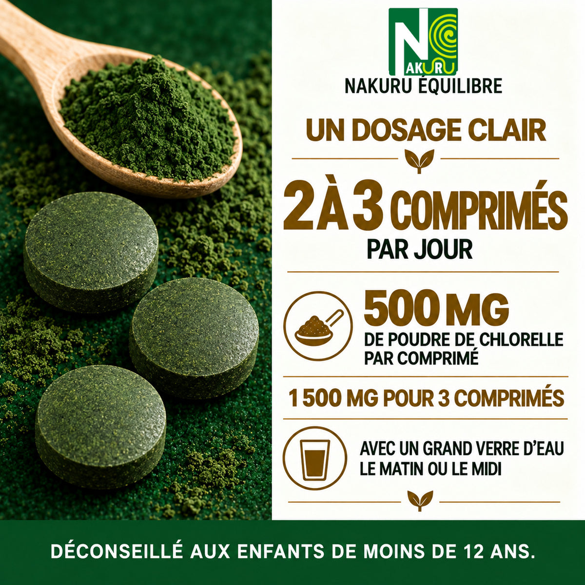 NAKURU Chlorelle — 500 comprimés — Dosage