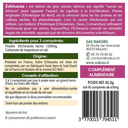 NAKURU Échinacéa — 90 comprimés — Étiquette dos