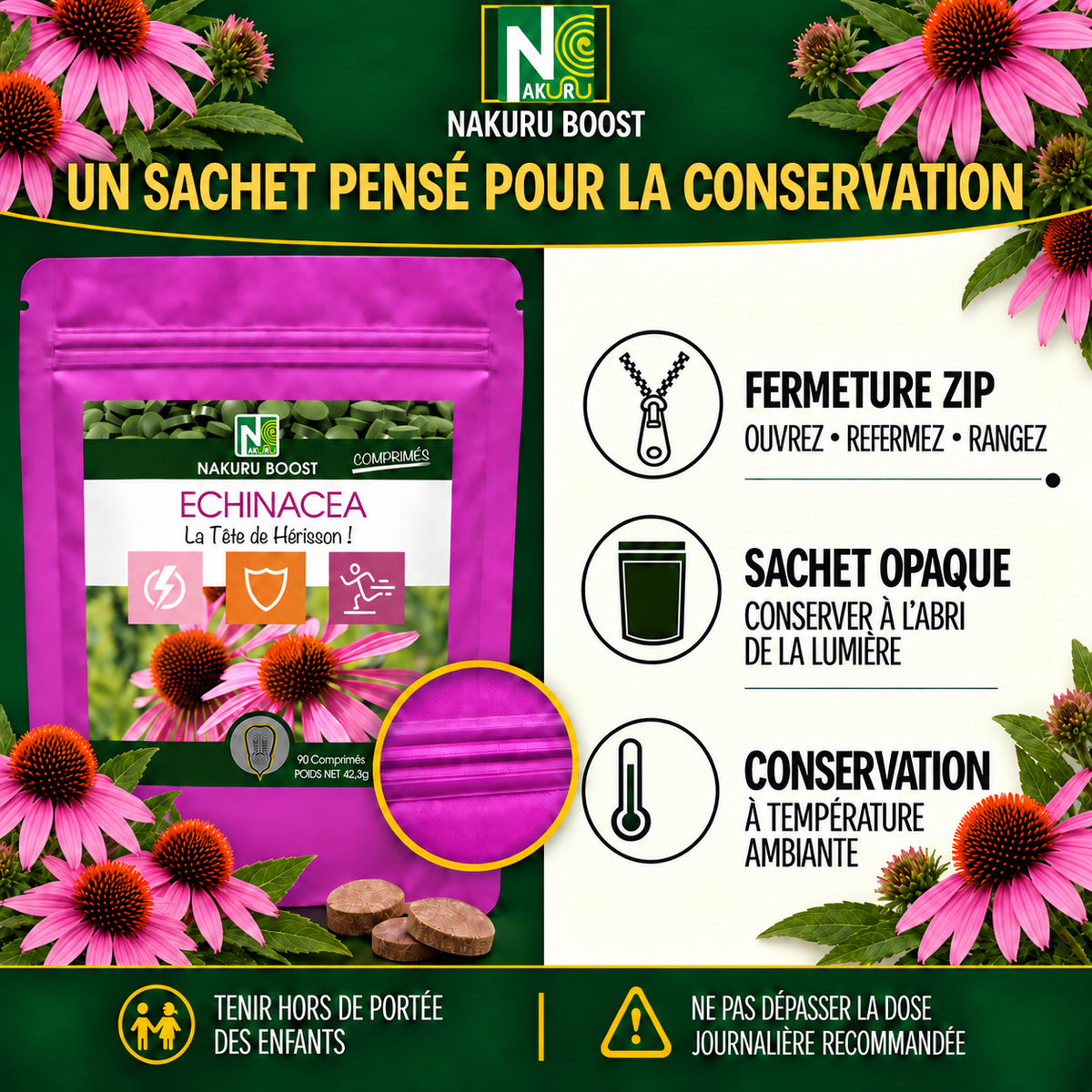 NAKURU Échinacéa — 90 comprimés — Conservation