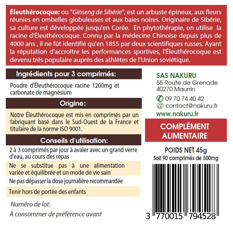 NAKURU Éleuthérocoque — 90 comprimés — Étiquette dos