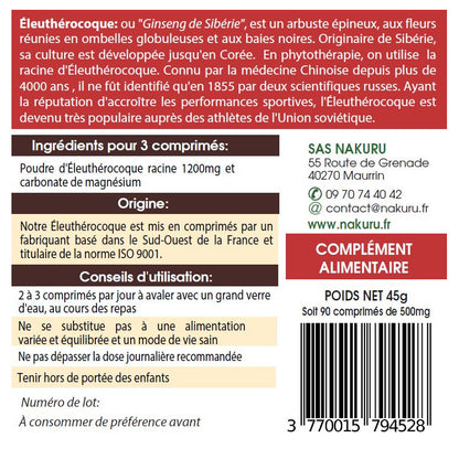 NAKURU Éleuthérocoque — 90 comprimés — Étiquette dos