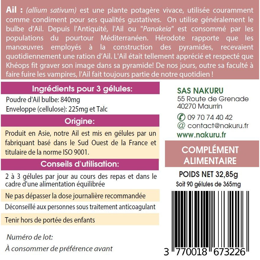 NAKURU Ail — 90 gélules — Étiquette dos