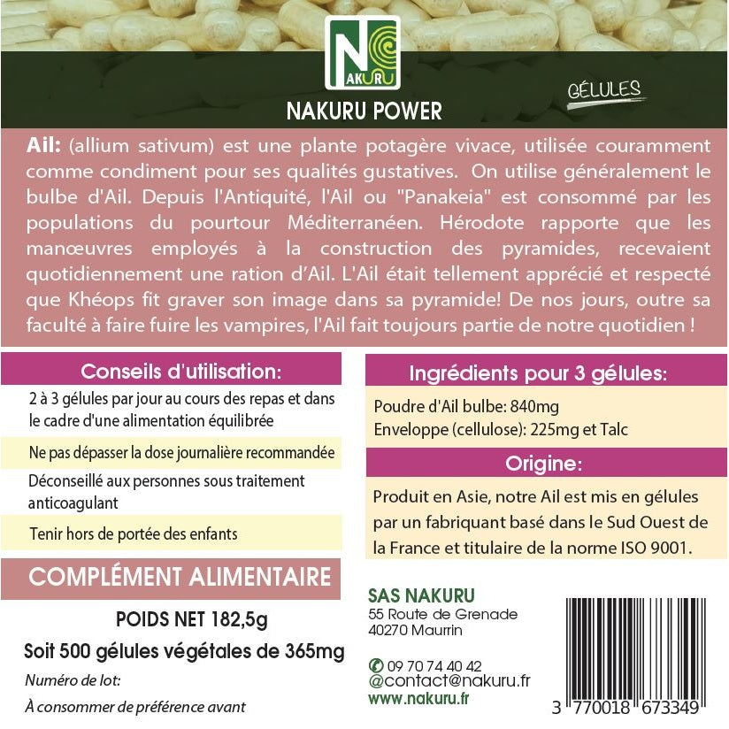NAKURU Ail — 500 gélules — Étiquette dos