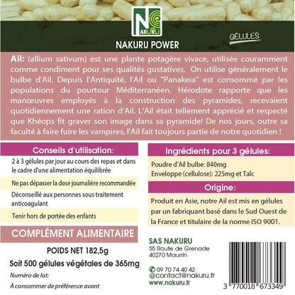 NAKURU Ail — 500 gélules — Étiquette dos