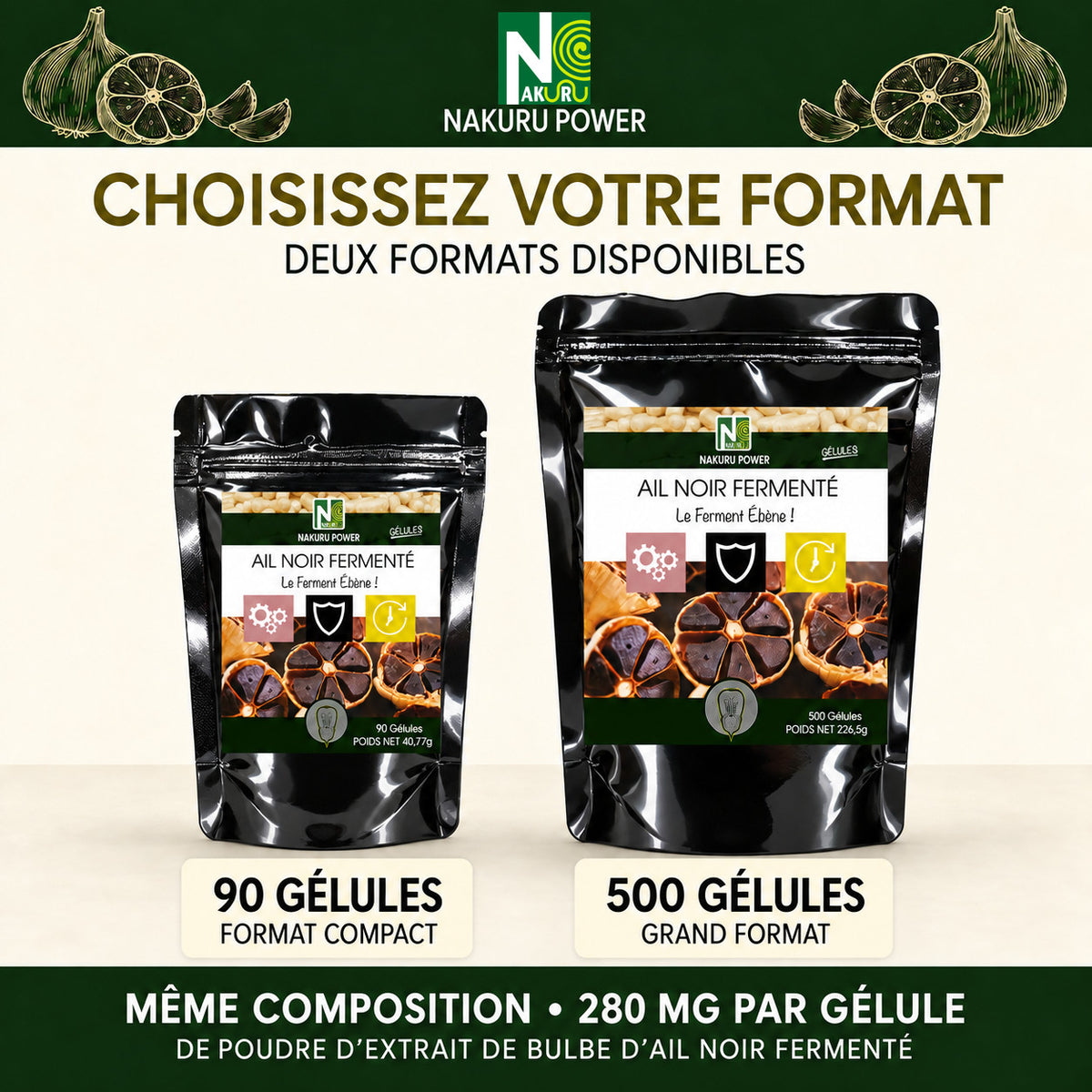 NAKURU Ail Noir Fermenté — 500 gélules — Comparatif formats