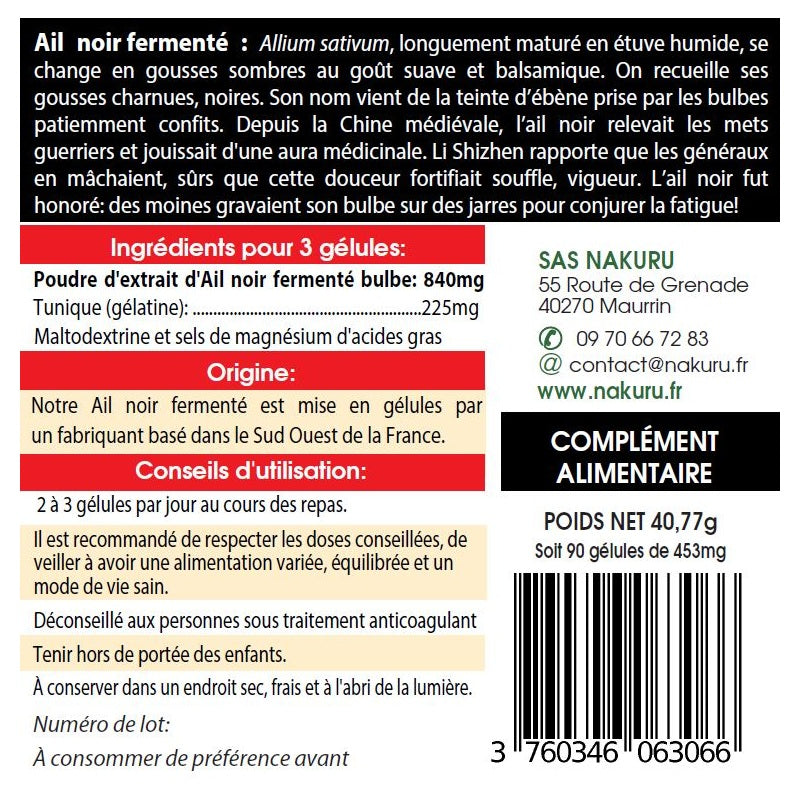 NAKURU Ail Noir Fermenté — 90 gélules — Étiquette dos